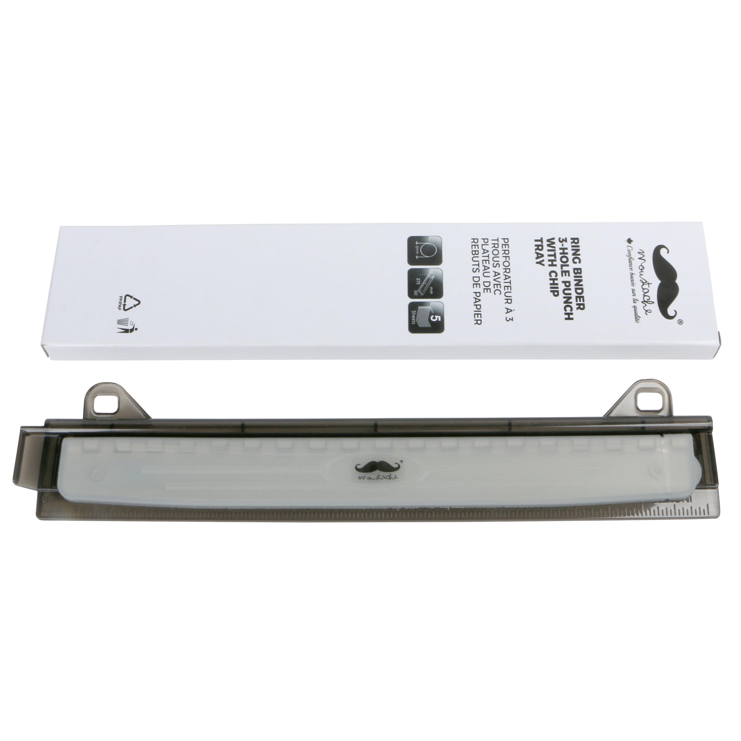 Moustache® 10" Ruler with 3-Hole Paper Punch (5 sheets) for Ring Binder, Chip Tray