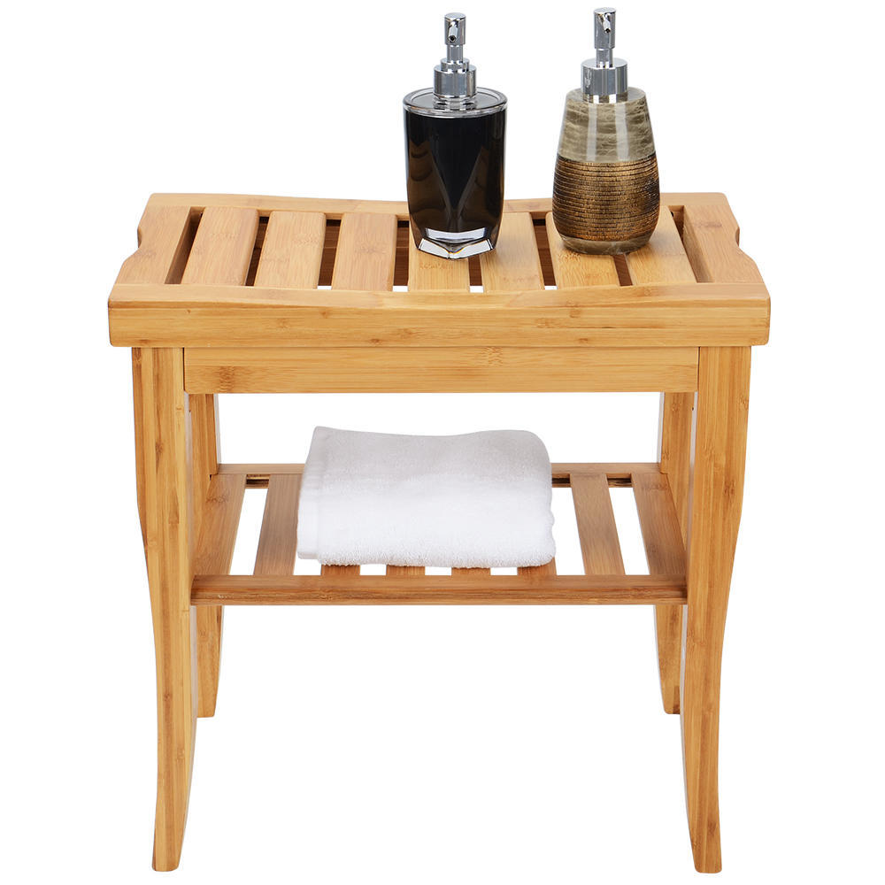 Bamboo Bathroom Shower Bench with Storage Shelf SortWise®