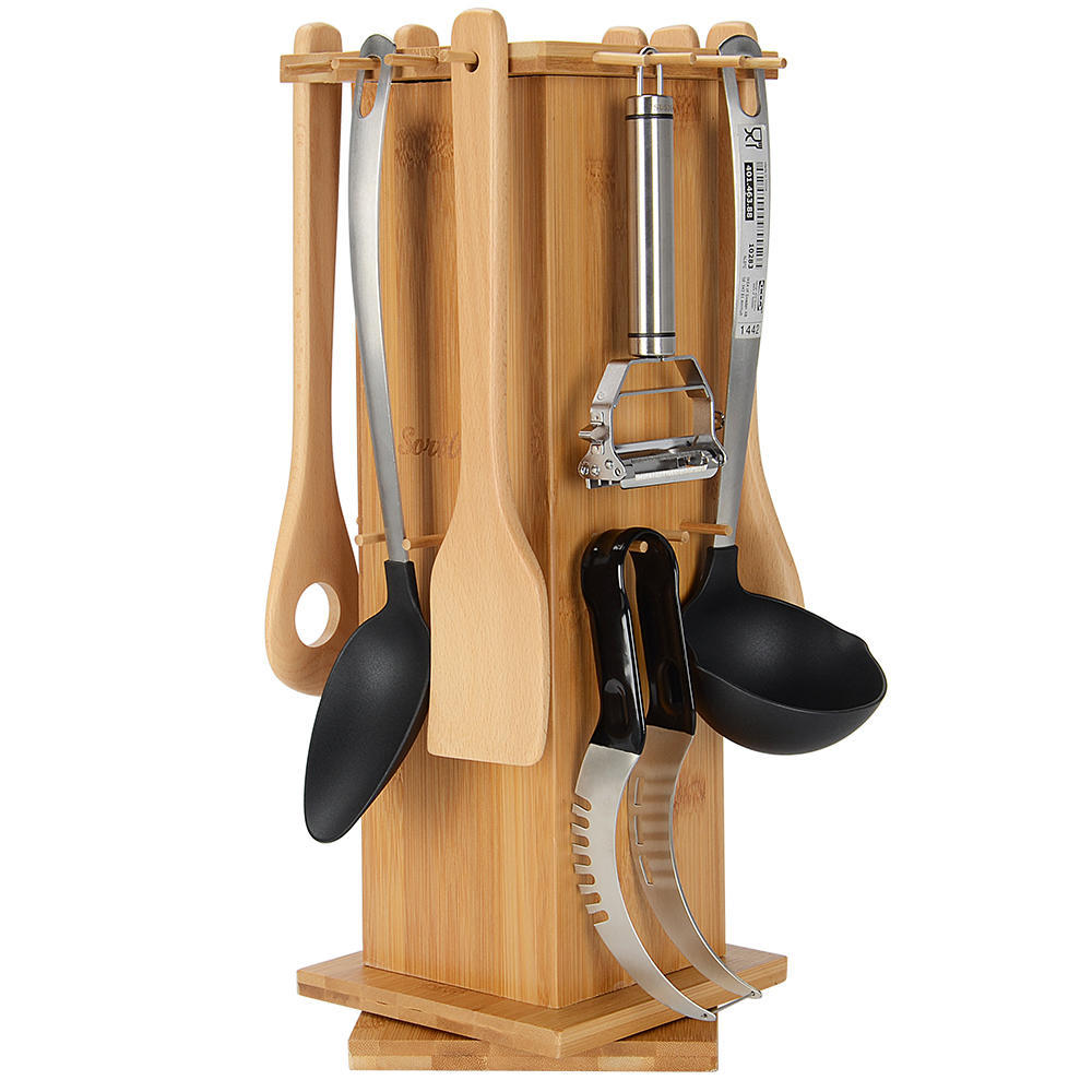 Rotating Bamboo kitchen utensil Holder organizer with holes