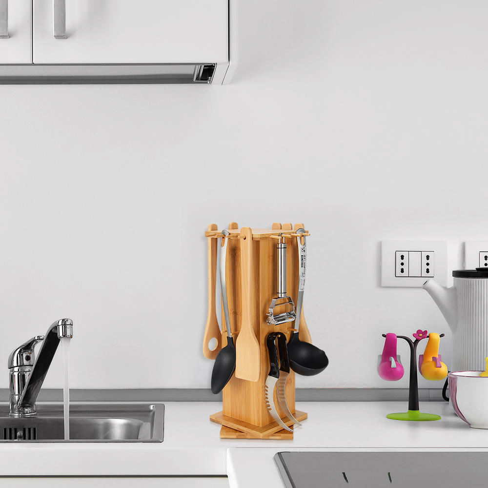 Rotating Bamboo kitchen utensil Holder organizer with holes