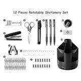 Moustache MOS TY730S Desk Organizers 12 Pieces Stationery Set Rotatable Desk Organizer Combo Black Moustache