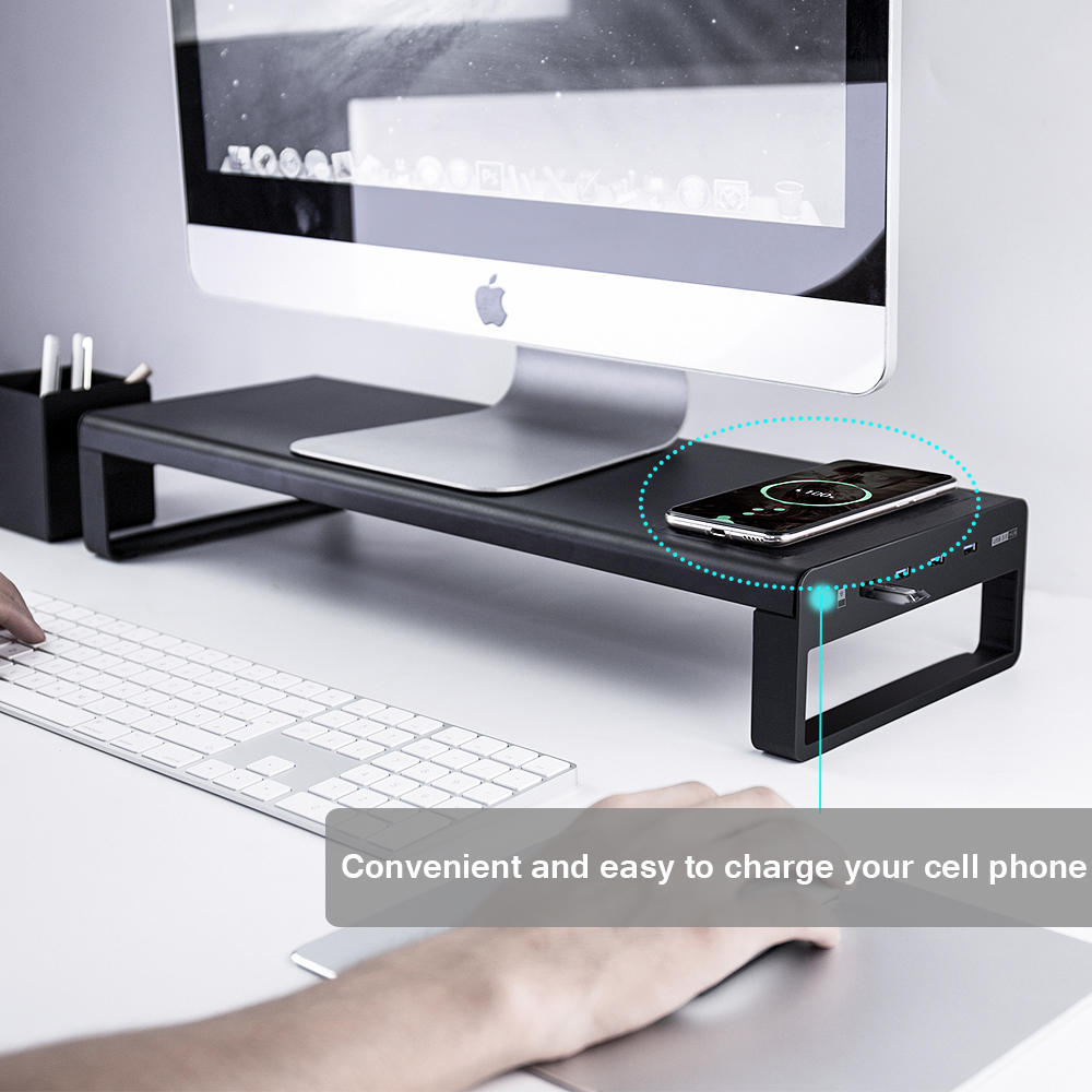 Aluminum Monitor Stand with Wireless Charging Pad & 4 USB 3.0 Ports, Black