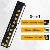 PrimeCables Cab LTS CS05 2U Home Decoration 3 in 1 Heavy Duty Workshop 10 Outlets Power Strip with 2 LED Lights and 2 USB Por