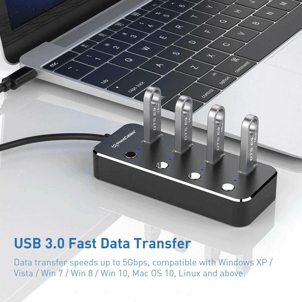 4-Port USB 3.0 Hub with Independent On/Off Controls and Long Cable