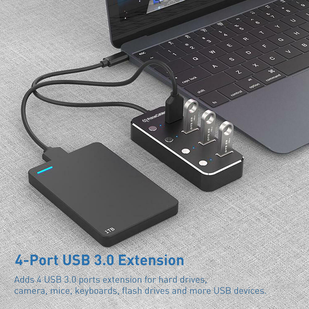 4-Port USB 3.0 Hub with Independent On/Off Controls and Long Cable