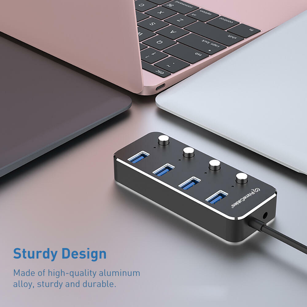 4-Port USB 3.0 Hub with Independent On/Off Controls and Long Cable