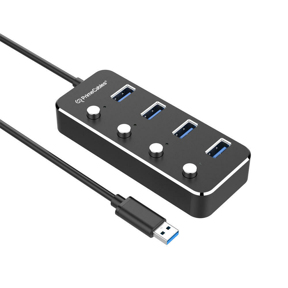 4-Port USB 3.0 Hub with Independent On/Off Controls and Long Cable