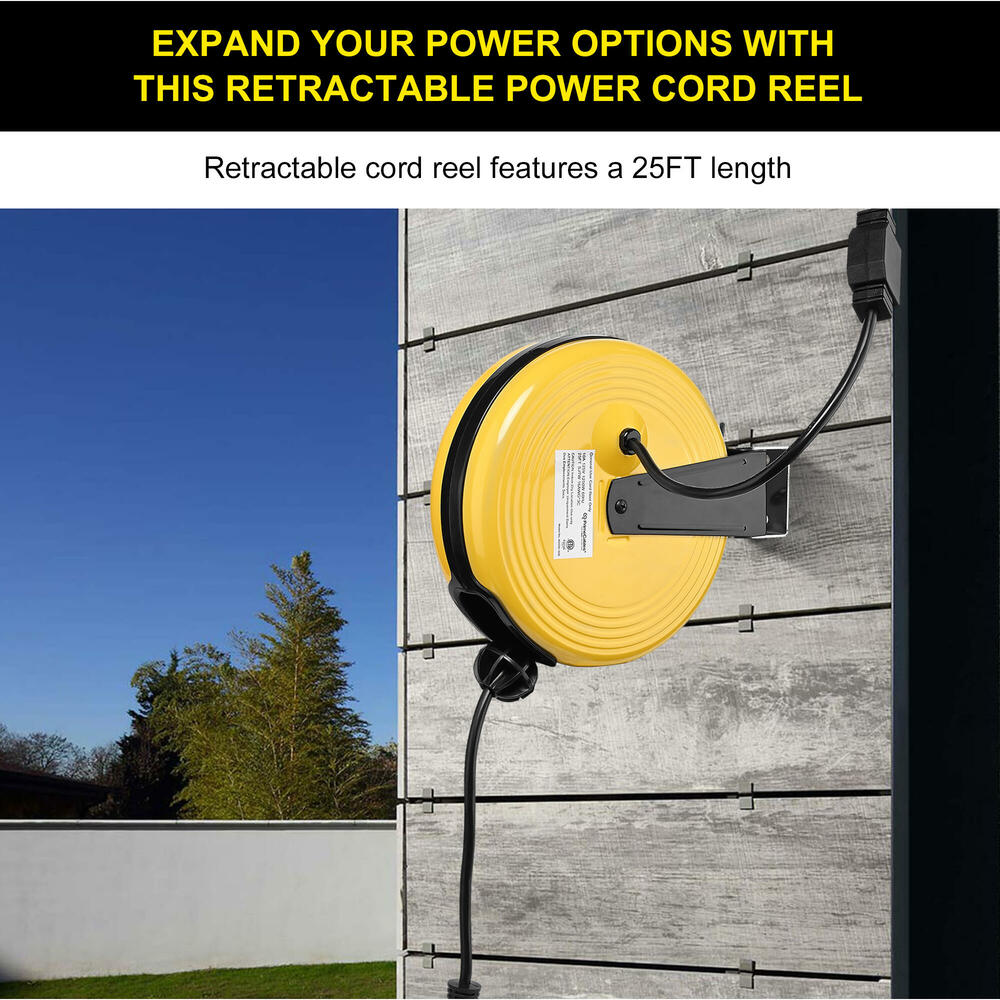 25Ft Retractable Extension Cord Reel, SJTW 16 AWG/3C, 10A/1250W ...