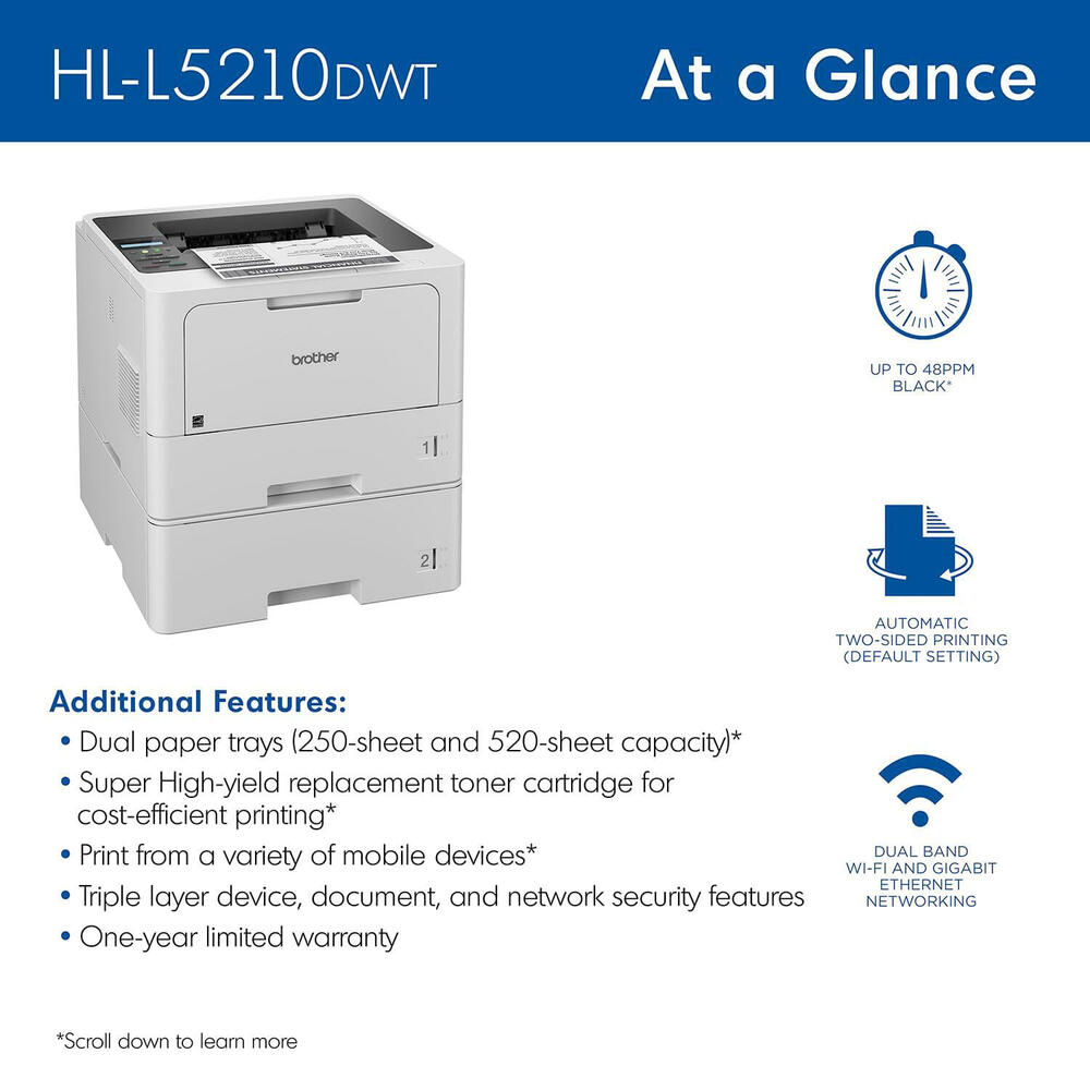 Brother HL-L5210DWT Business Monochrome Laser Printer with Wireless ...