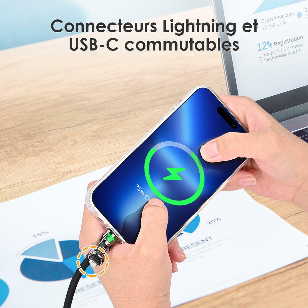 Câble de charge 4-en-1 USB + Type-C vers Type-C + Lightning en silicone ...