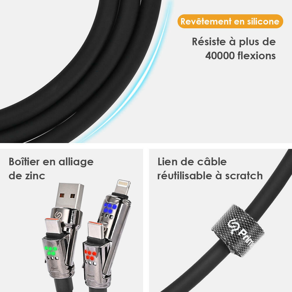 Câble de charge 4-en-1 USB + Type-C vers Type-C + Lightning en silicone ...