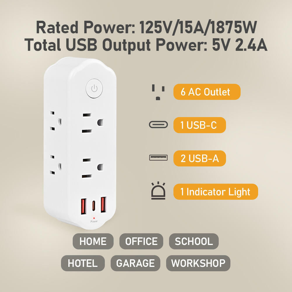 6-Outlet US Surge Wall Socket with 2 USB-A + 1 USB -C & 360° Rotate ...
