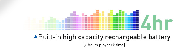 Built-in high capacity rechargeable battery (4 hours playback time)