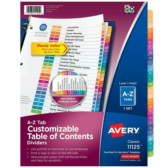 Avery n 099 11125 Dividers Avery Ready Index Table of Content Dividers A Z Multi color 26 Tabs Set 11125