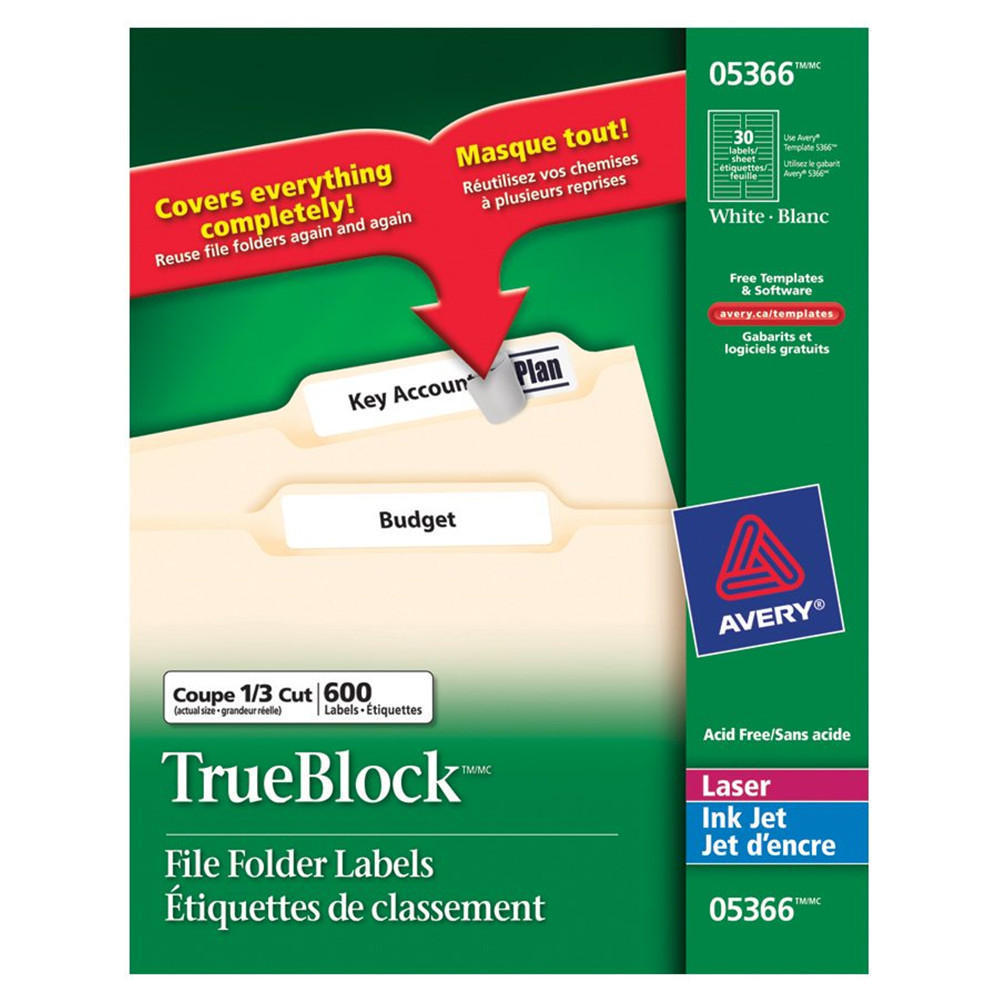 Avery TrueBlock Laser/Inkjet File Folder Labels, 2/3" X 3 7/16", 1,500