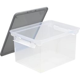 Storex 61530U04C 4PK STORAGE CRATES BINS Storex File Tote with Locking Handle Clear Silver Lid 4 Units Pack