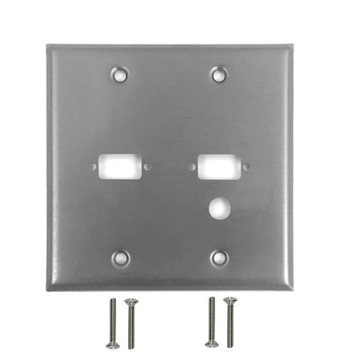 WP 209 SS Audio Video Wall Plates Double Gang 2 Port DB9 size cutout 1 x 3 8 inch hole Stainless Steel Wall Plate