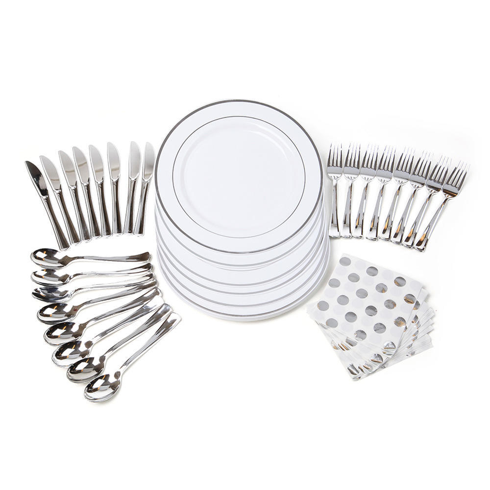 Premium Plastic Party Tableware Combo Kit for 8 Guests, White Silver