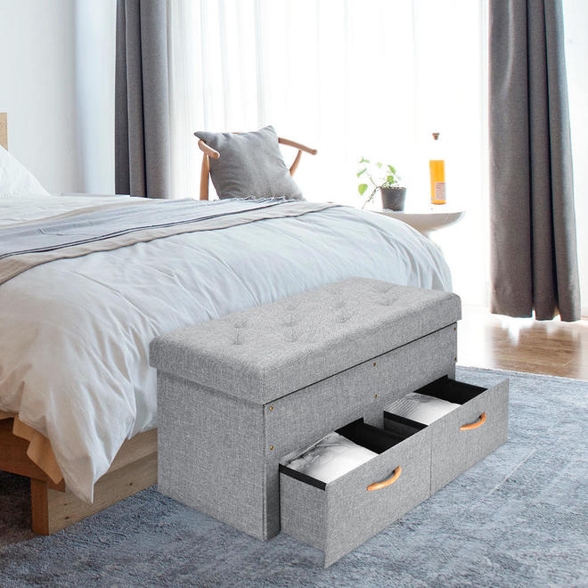 SortWise SW FSO D84 Storage Boxes Baskets Folding Storage Ottoman with Two Drawer Foot Rest Stool Grey SortWise