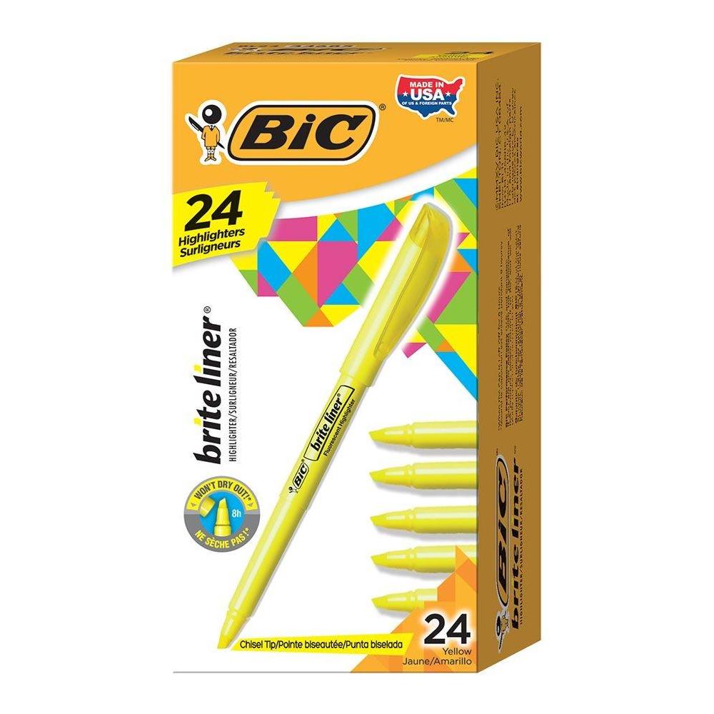 BiC® Brite Liner Highlighter, Fluorescent Yellow Ink, 12/Pack