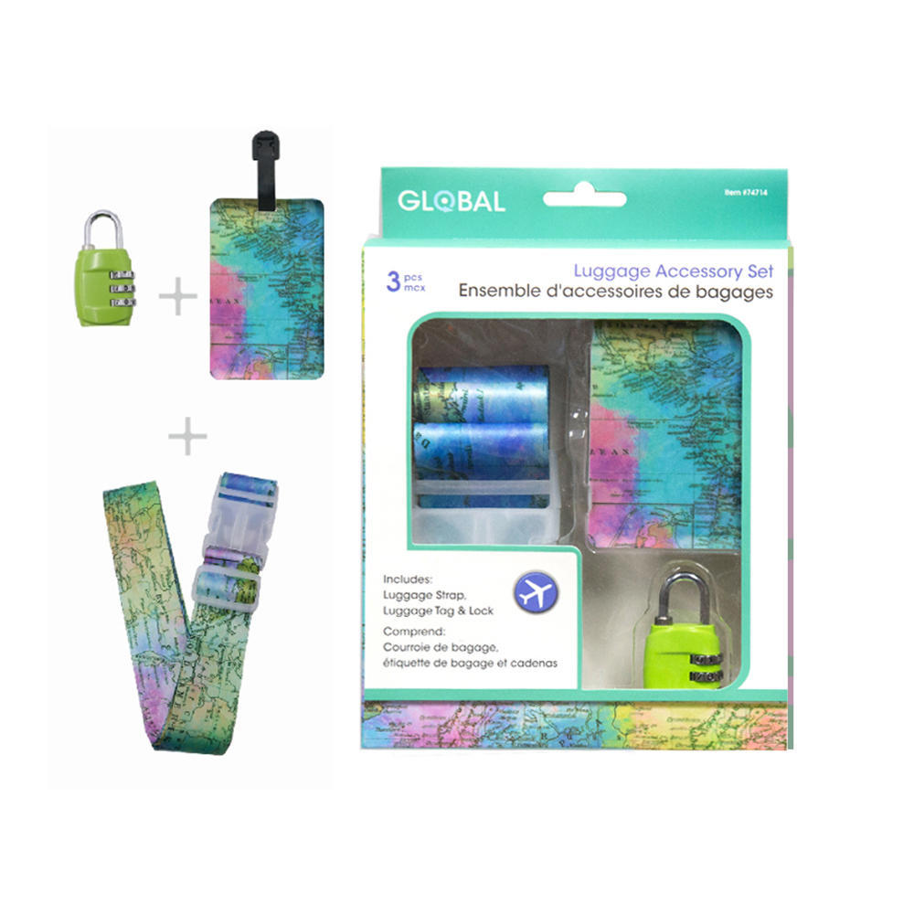 Global Luggage Accessory Set 3 Pcs, Includes Luggage Tag, Strap and Lock