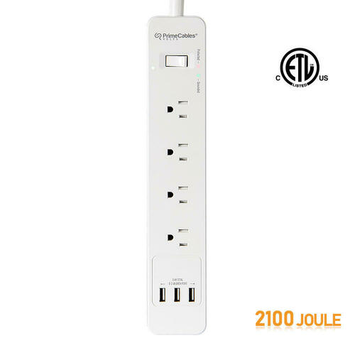 PrimeCables Cab C138 Surge Protector Power Strip 4 Outlet Type 3 Surge Protector Power Strip with 3 USB Ports 2100 Joule 1 5M