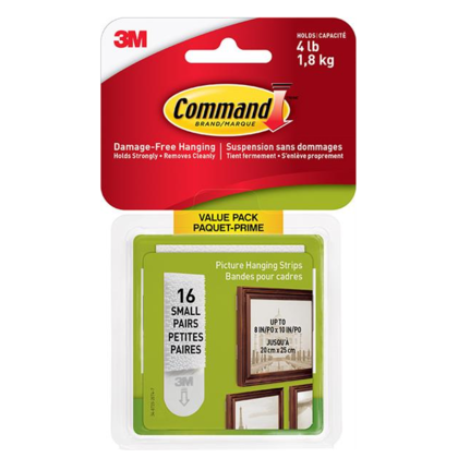 Command™ Picture Hanging Strips, Small, White, Holds 4 lbs, 16/Pack
