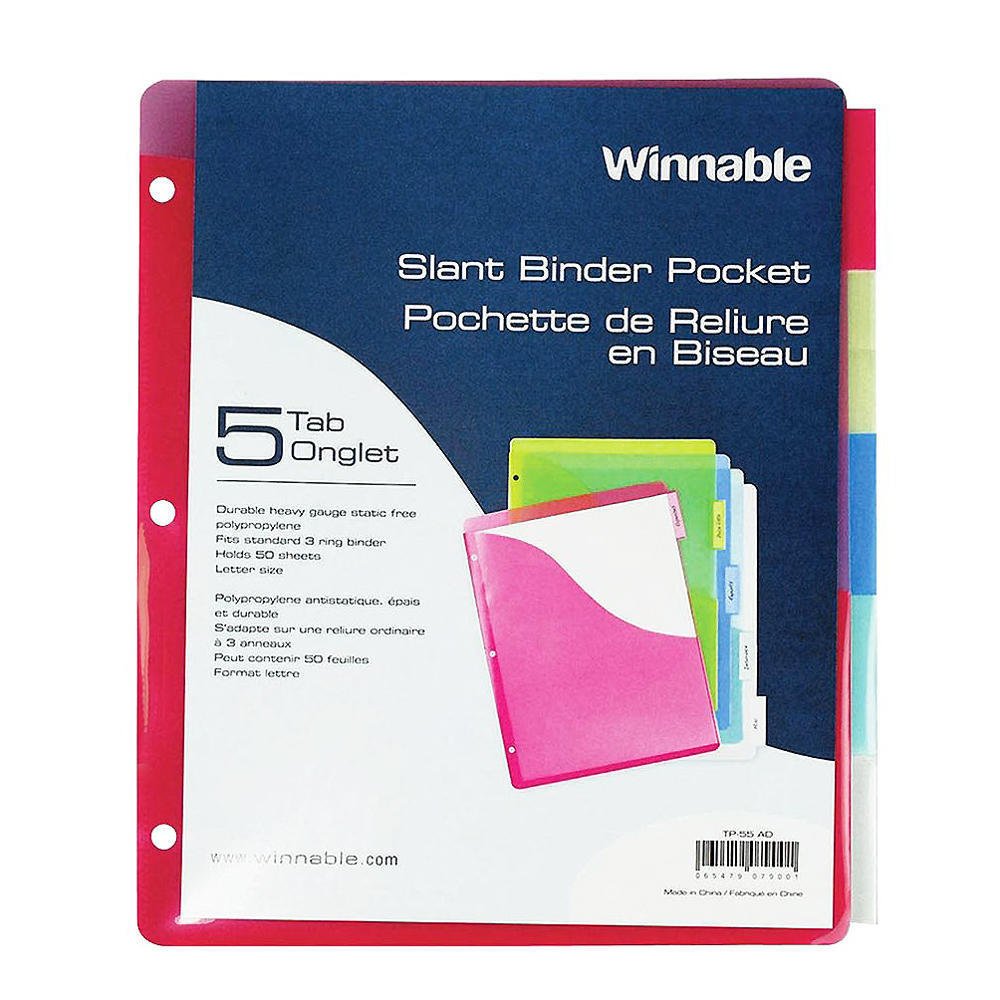 Winnable 5Tab Slant Binder Pocket, 50Sheet Capacity, Assorted Colors