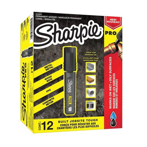 Sharpie Pro Permanent Marker, Medium, Chisel Tip, Black, Box of 12