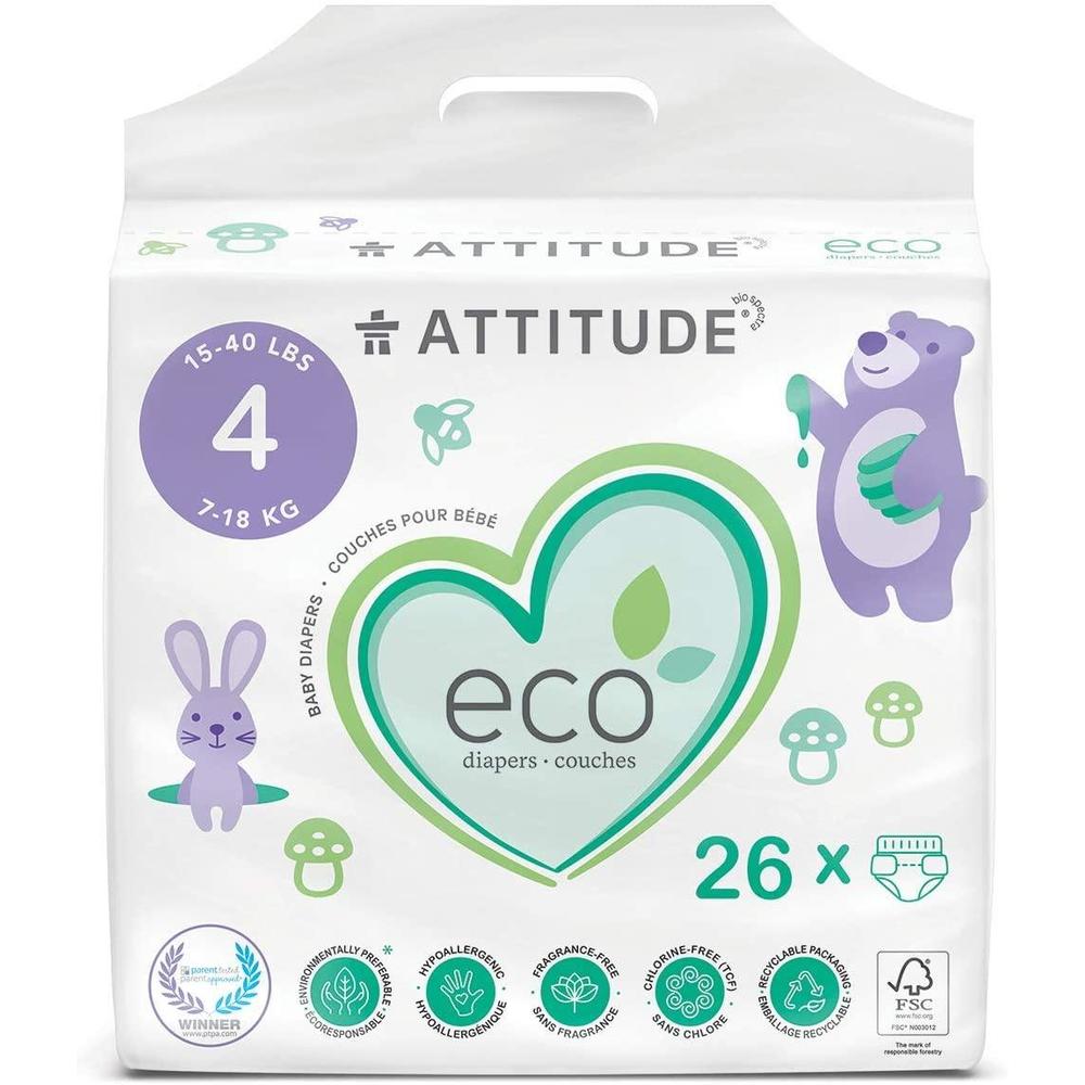 ATTITUDE Biodegradable Baby Diapers, Nontoxic, Ecofriendly, Safe for Sensitive Skin, 26Count,Size4