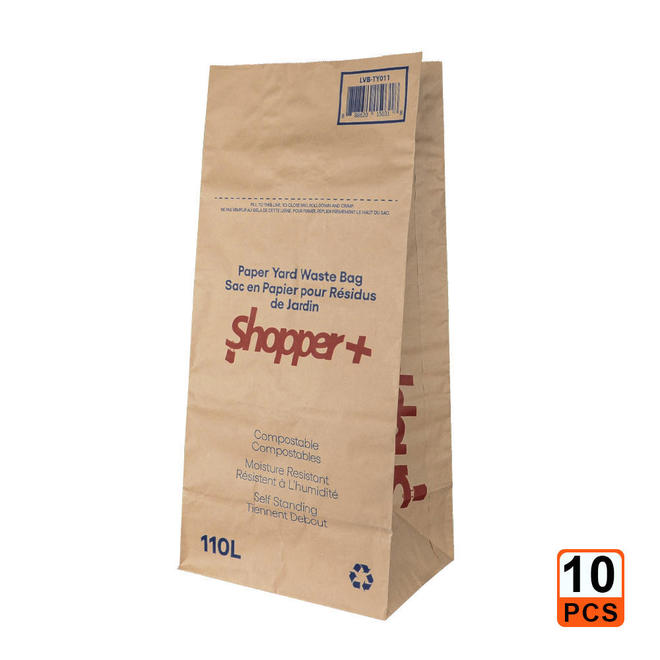 Heavy Duty Compostable Kraft Paper Yard Waste Bag for Home & Garden, 30 Gal, 10 pcs Shopper+