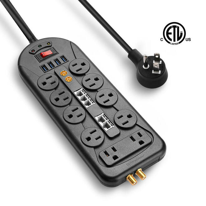 TV Surge Protector Power Strip with 3 FT Cord and Low Profile Flat