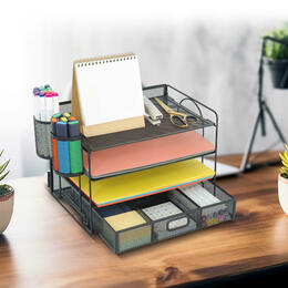4-Tier Office Supplies Desk File Organizer with Drawer and 2 Pen Holders - Moustache®