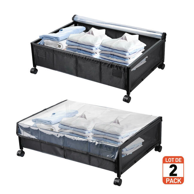 Rolling Under Bed Storage Black Underbed Cart with Wheels and Lid, 2
