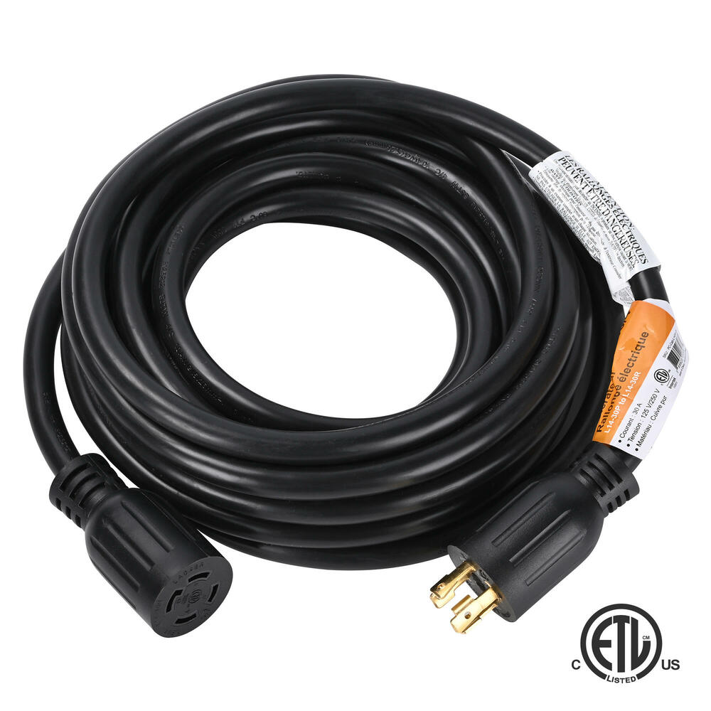 25Ft Generator Extension Cord 30Amp 125/250V SJTW 10/4 NEMA L14