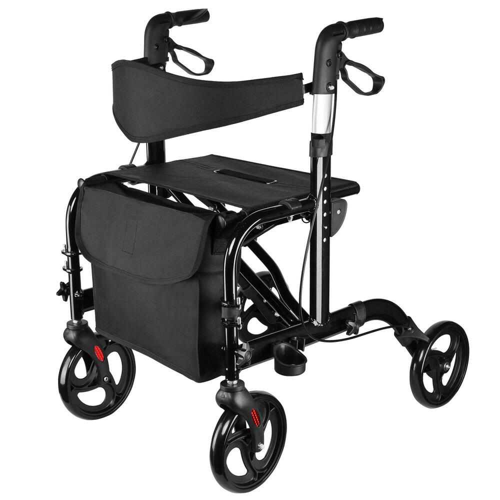 2 in 1 Folding Rollator Walker with Seat, 4 Wheel Rolling