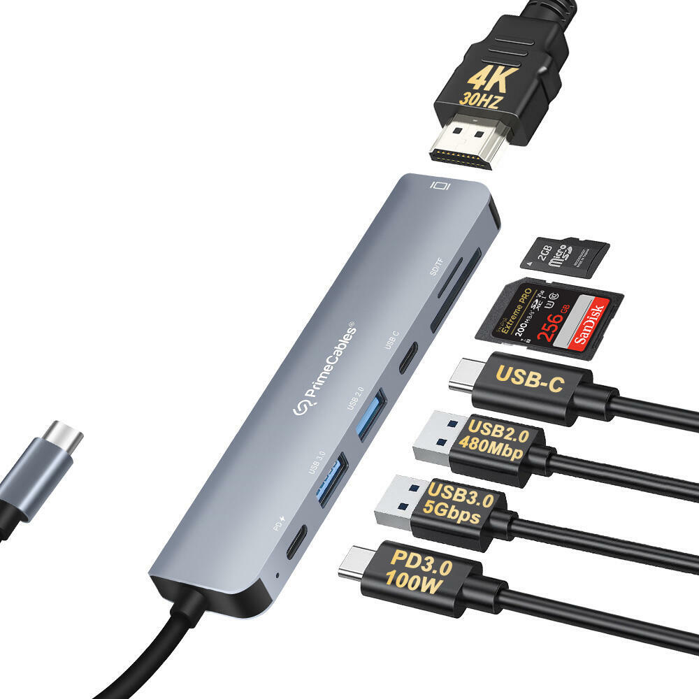 PrimeCables 7-in-1 Type C Hub - HDMI, USB, SD/TF Card Reader