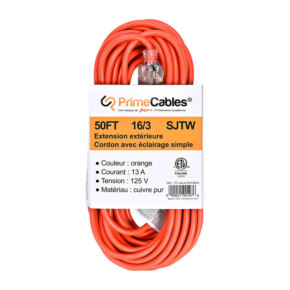 13A Outdoor Extension Cord, SJTW 16AWG*3C Power Cord, ETL Listed  PrimeCables® 50ft, Orange