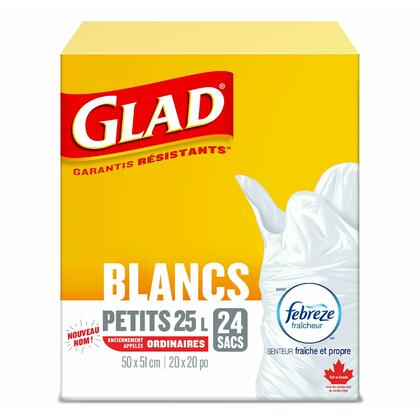 Sacs à ordures blancs glad,petits 25 litres,parfum fraîcheur propre febreze, 24 sacs