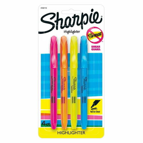 Sharpie Pocket Highlighters, Narrow Chisel Tip, Assorted Colours, 4 Count