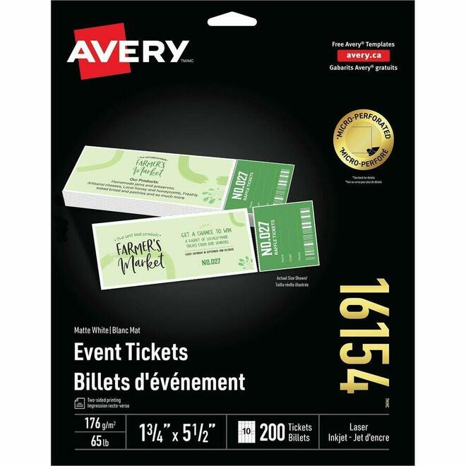 Avery n 099 16154 Promotional Cards Avery Tickets With Tear Away Stubs 16154 Matte White 1 3 4 x 5 1 2 Pack of 20