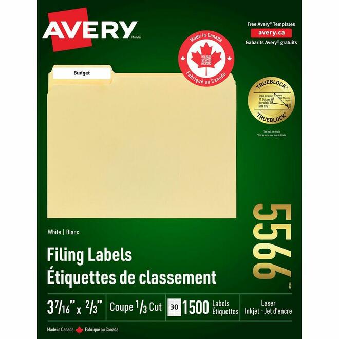 Avery 099 05366 Labels Avery TrueBlock Laser Inkjet File Folder Labels 3 7 16 x 2 3 300 1500 Pack
