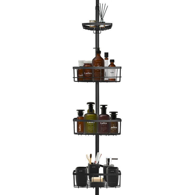 SortWise SW IRN 015 Hooks Wall Mount Adjustable Bathroom Shower Storage Constant Tension Corner Pole Caddy with 4 Baskets Sor