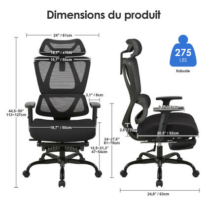 Chaise de bureau ergonomique inclinable à dossier haut en maille avec repose-pieds - Moustache®