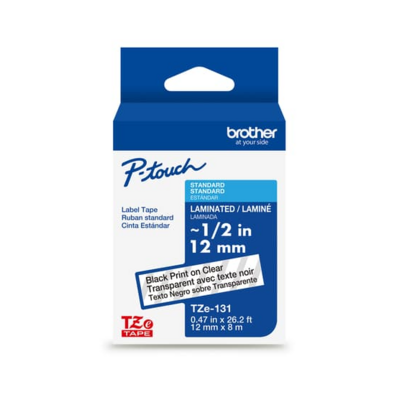 Brother TZe-131G Original Label Tape, 12mm (0.47"), Black on Clear, Tape for P-Touch 8m (26.2 ft)