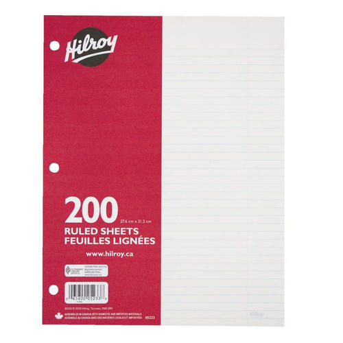 Hilroy® 7mm Ruled Loose Leaf Sheets, 10.87" x 8.37", 200 Pages, 3Hole