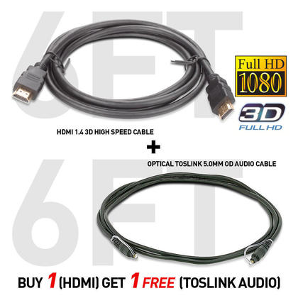 Buy 1(HDMI) get 1 Free (Toslink),High Speed 3D HDMI & Optical Toslink Cable(6Ft +6Ft) - PrimeCables®