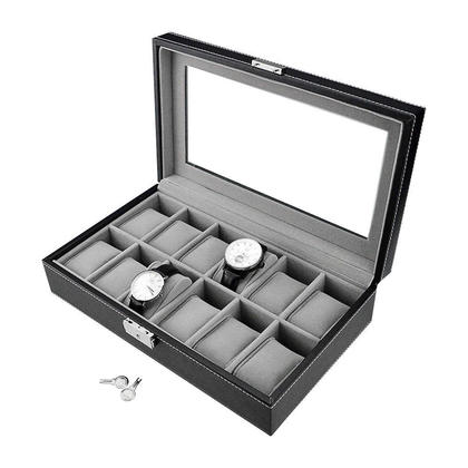 Watch Jewelry Storage Box PU Leather Lockable Organizer Case Black 12-Slot Large Vintage - SortWise®