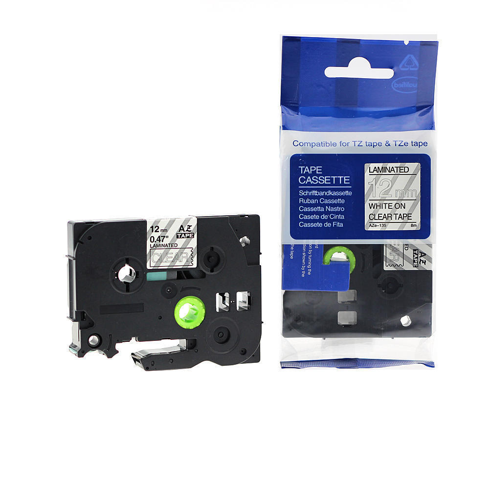 Brother TZe135 Label Tape, 12mm (0.47"), White on Clear, tape for PTouch 8m, Compatible