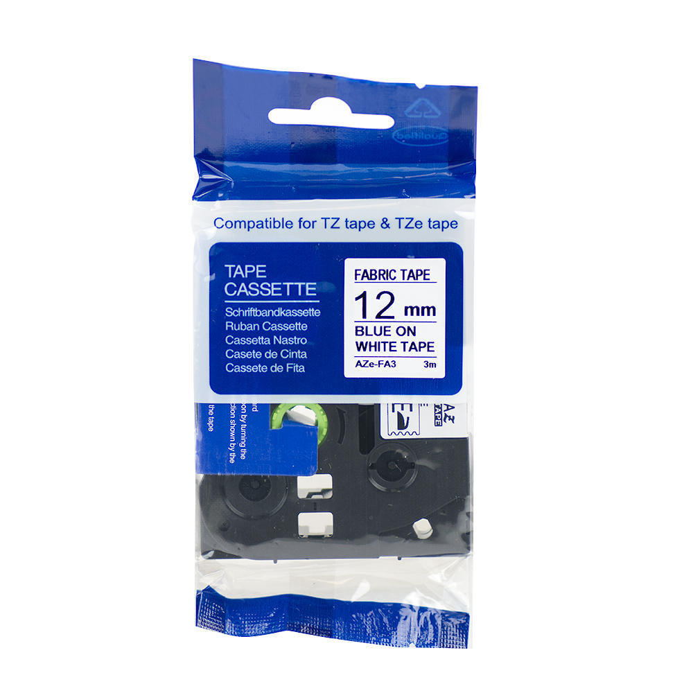 Brother TZeFA3 Label Tape, 12mm (0.47"), Navy Blue on White, Fabric